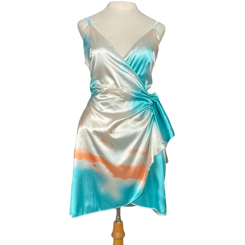 Onëleven NWT Water Color Wrap Mini Dress in Cream/Turquoise/Orange Size Small